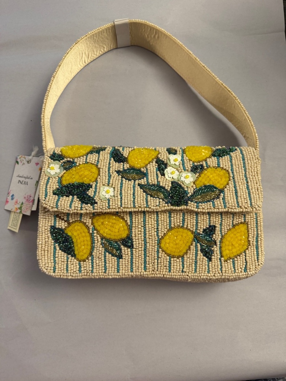 Beaded Lemon Motif Shoulder Bag in Yellow and Cream